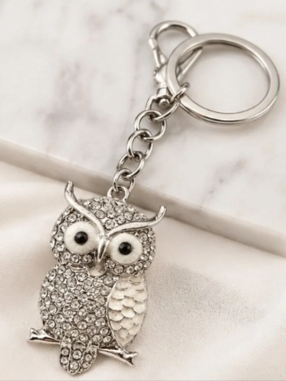Silver Rhinestone Owl Keychain Crystal Bag Charm Cute Sparkly Purse Accessory